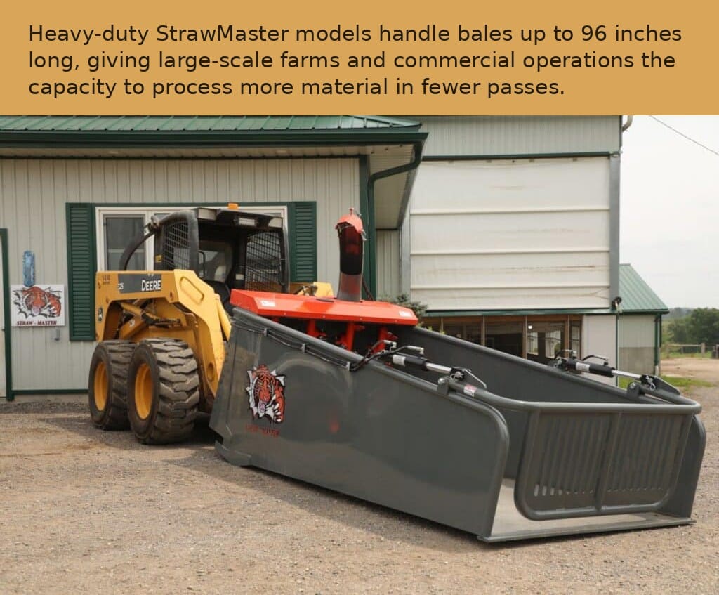 a large skid steer is shown with a heavy-duty bale processing attachment