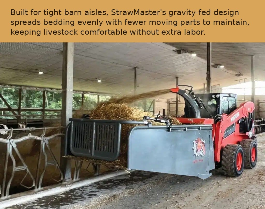 a skid steer is shown using a straw bale processing attachment in a cattle barn
